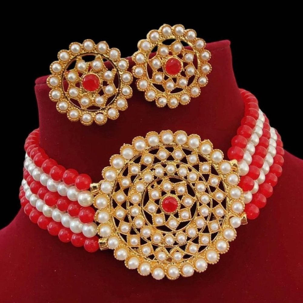 Gold Plated Pearl & Beads Choker Necklace Set